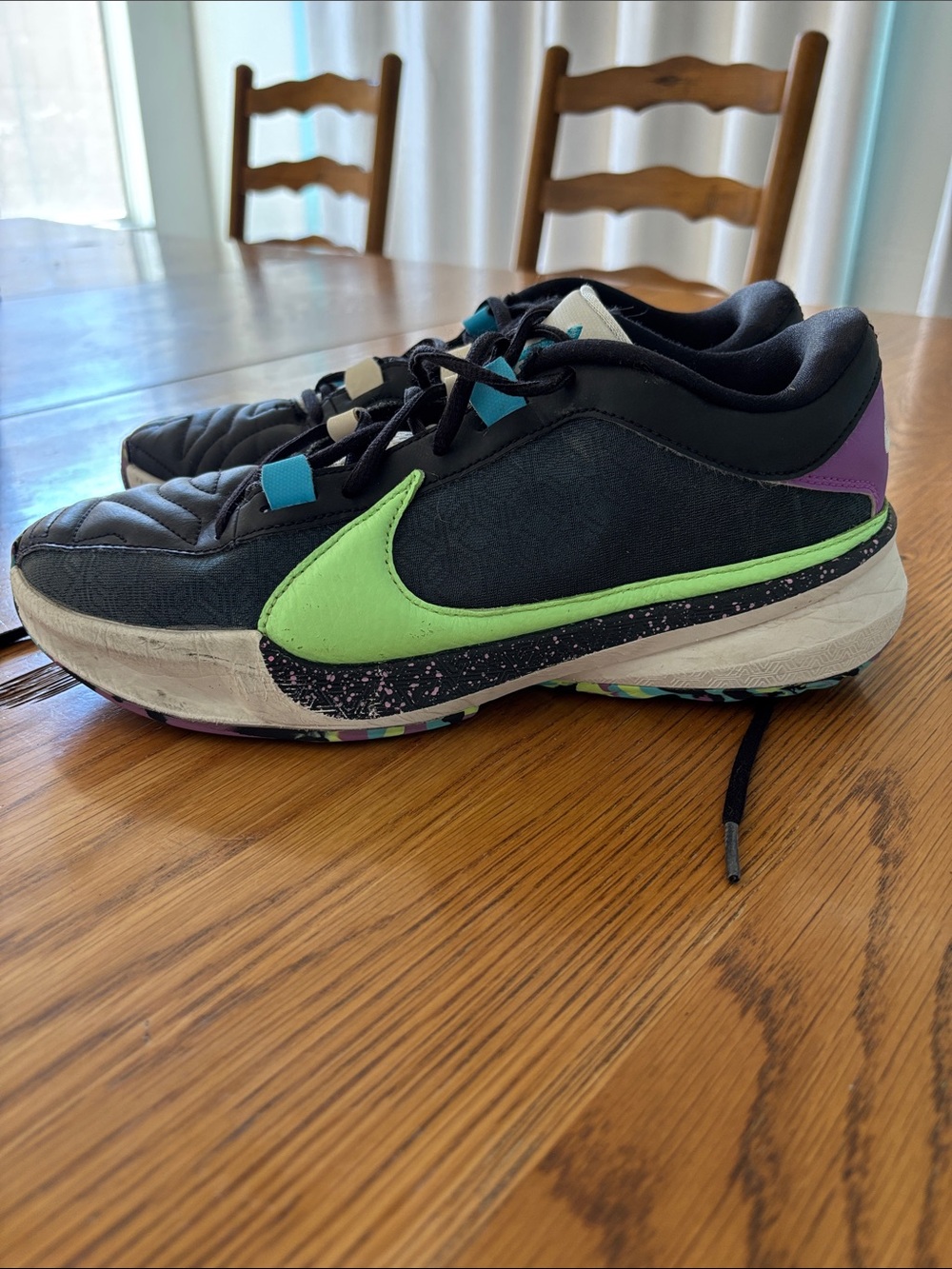 Nike Kids Black Sneakers with Lime Swoosh and Purple Heel